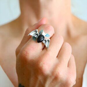 Amber Bat Ring Sterling Silver Gothic Adjustable